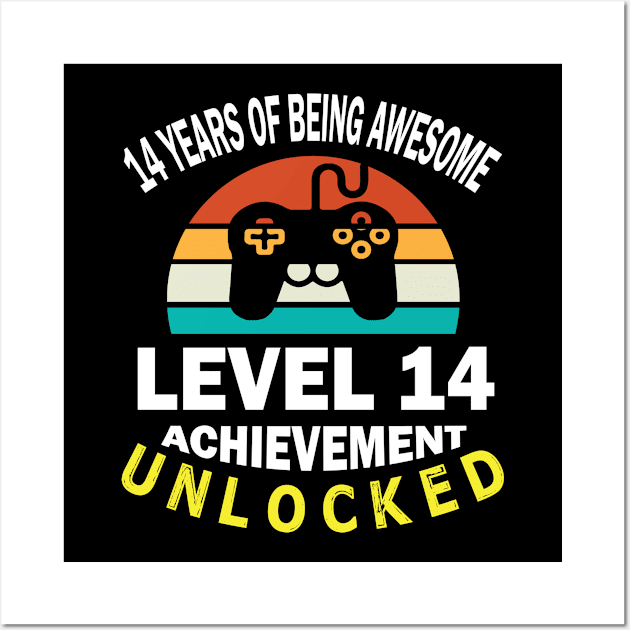 14 Years Of Being Awesome Level 14 Achievement Unlocked Birthday Gamer Son Brother Wall Art by bakhanh123